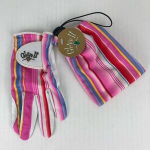 Glove It - Ladies Striped Golf Glove with Pouch Set - Pink, White, Blue & Yellow